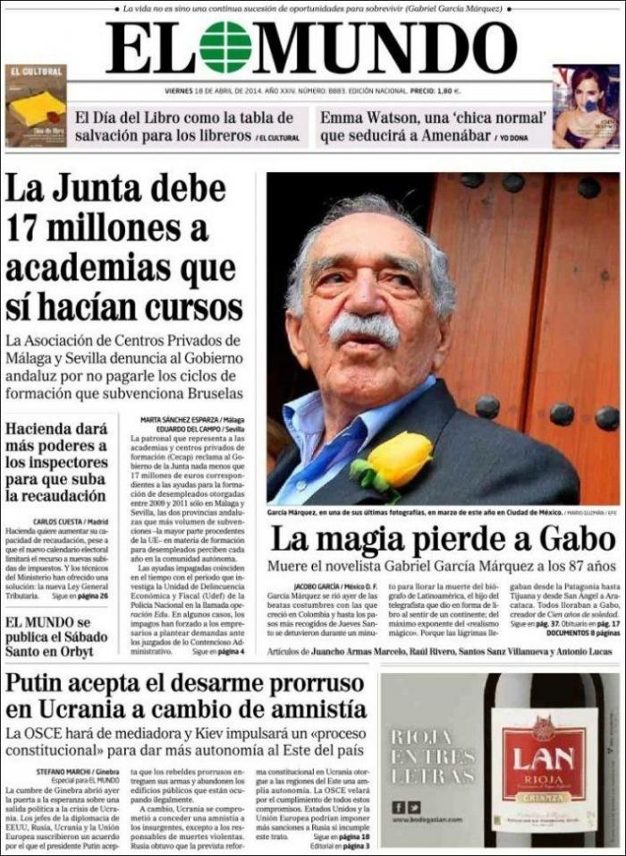 La muerte de García Márquez en las portadas de la prensa mundial