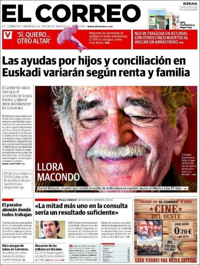 La muerte de García Márquez en las portadas de la prensa mundial