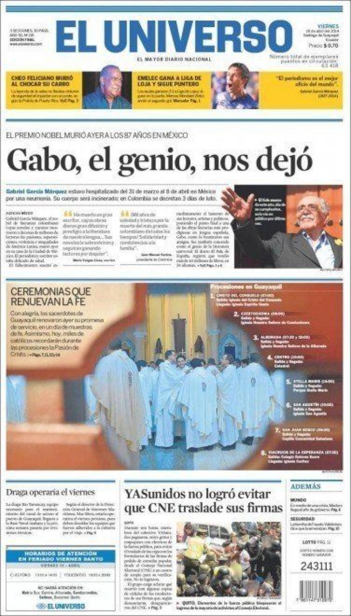 La muerte de García Márquez en las portadas de la prensa mundial