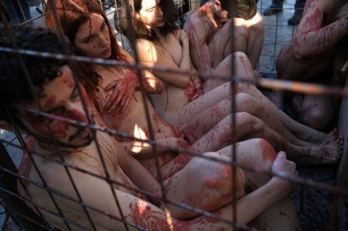 Un grupo de activistas se desnuda en Barcelona contra la ropa hecha de piel animal