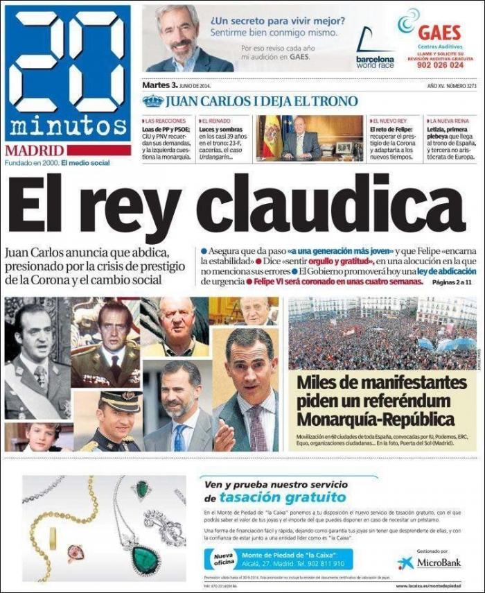La abdicación del rey en las portadas de los periódicos (FOTOS)