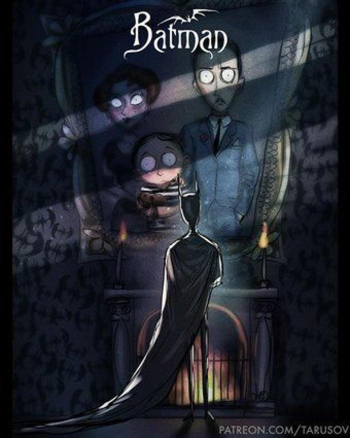 Este artista redibuja los superhéroes clásicos como creaciones de Tim Burton