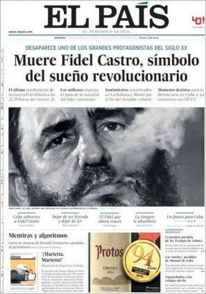 La muerte de Fidel, en los periódicos