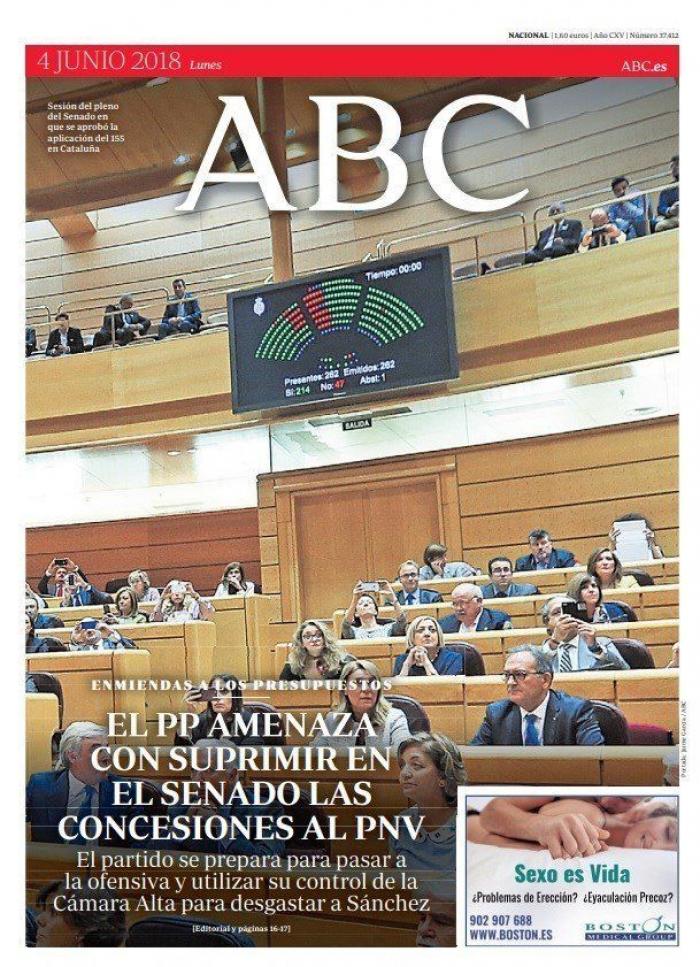 El cabreo del PP con el PNV domina las portadas del lunes 4 de junio