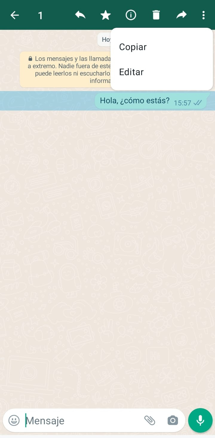 Para editar un mensaje debes seleccionarlo y hacer click en los tres puntos de la parte superior derecha