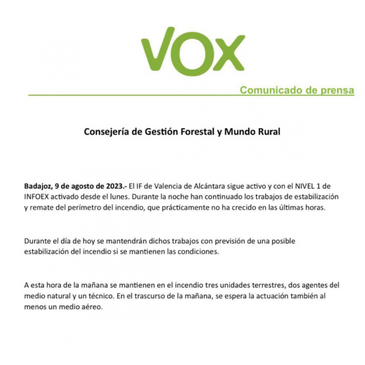 La nota de prensa que envió la Consejería de Gestión Forestal y Medio Rural con el logo del partido al que pertenece la exconsejera, Camino Limia.