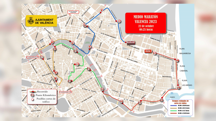 Mapa con el recorrido de la Media Maratón de Valencia.