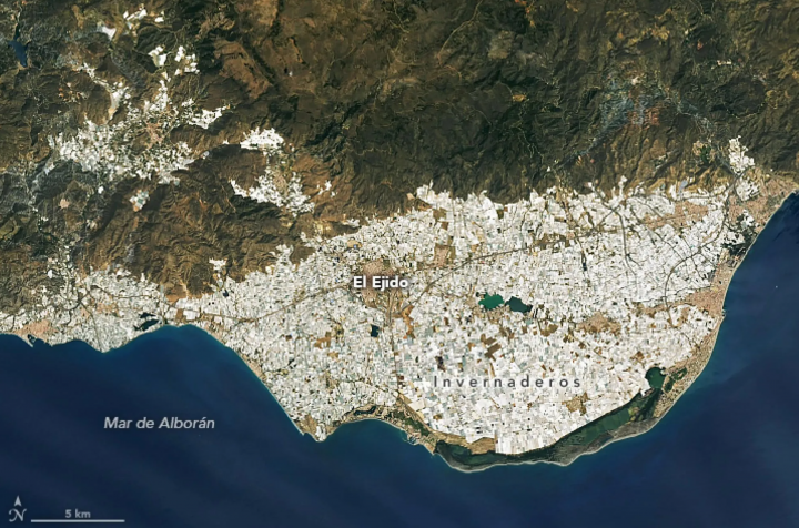 Vista satelital del 'mar de plástico' de El Ejido, los invernaderos almerienses (Andalucía).