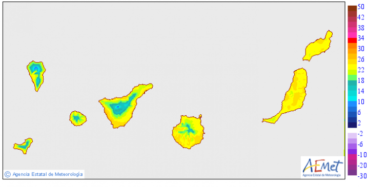 Mapa de temperaturas máximas en Canarias 31 de diciembre de 2023