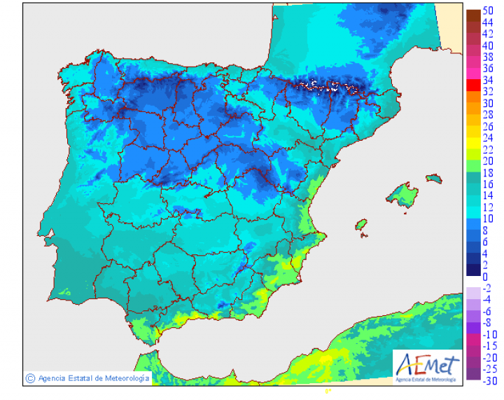 Mapa de temperaturas máximas en la Península y Baleares 31 de diciembre de 2023
