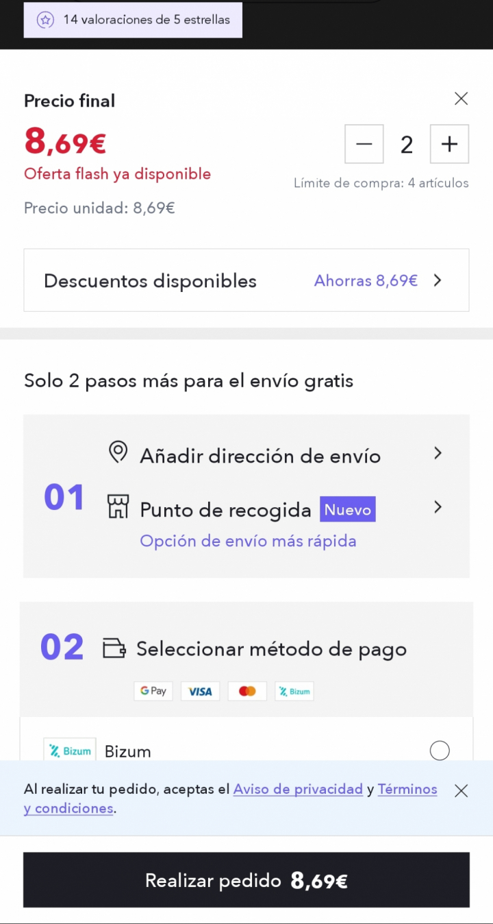 Las dos botellas de aceite de oliva a un precio total de 8,69 euros (4,35 euros por litro)