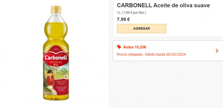 Precio de la botella de un litro de aceite de oliva suave de la marca Carbonell en el supermercado Bonpreu