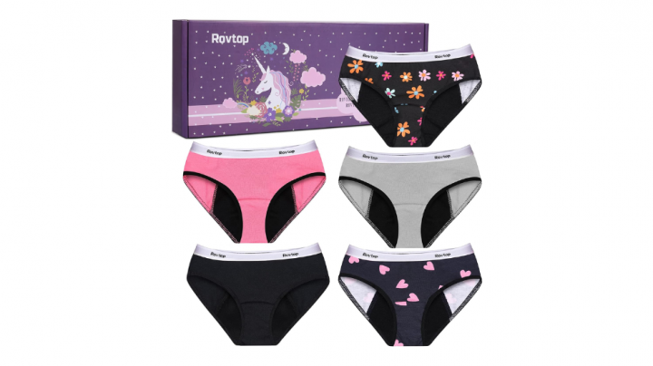 Pack de cinco bragas menstruales con estampados, para niñas y mujeres
