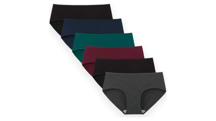 Pack de seis bragas menstruales de algodón, elásticas y de cintura media, varios colores