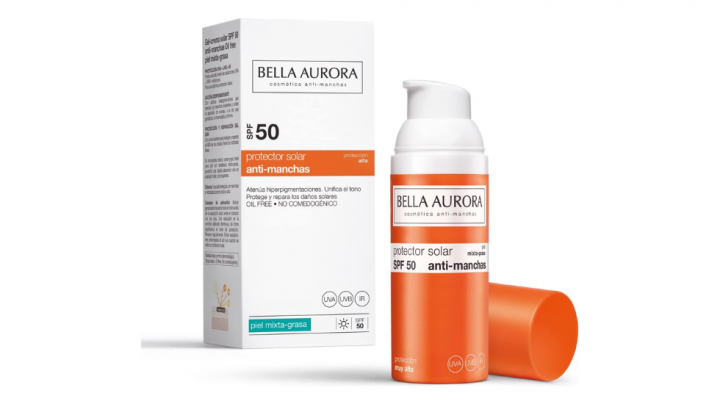 Protector solar facial y antimanchas de Bella Aurora (50 ml), top ventas belleza.
