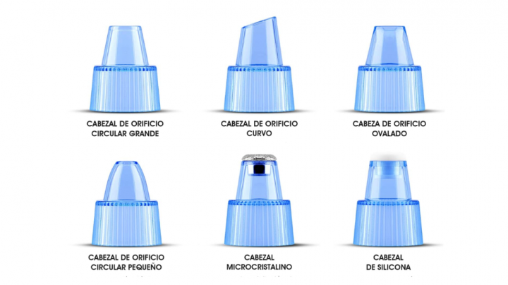 El succionador de poros Voyor incluye seis cabezales intercambiables con distintos tamaños y formas.