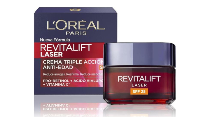 Crema de día antiedad L'Oréal Paris Revitalift con protección solar SPF 20 para una rutina skincare para mayores de 50 años.