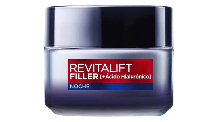 Crema de noche antiedad L'Oréal Paris Revitalift Filler con ácido hialurónico para una rutina skincare para mayores de 50 años.