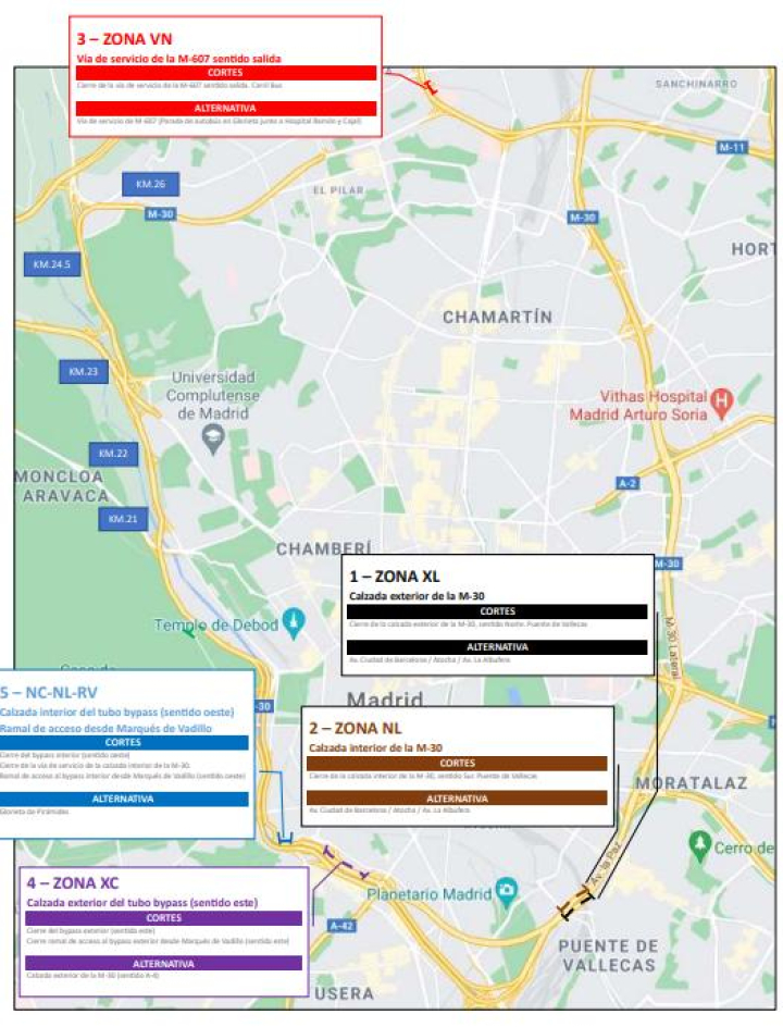 Mapa de cortes de tráfico en Madrid 2024