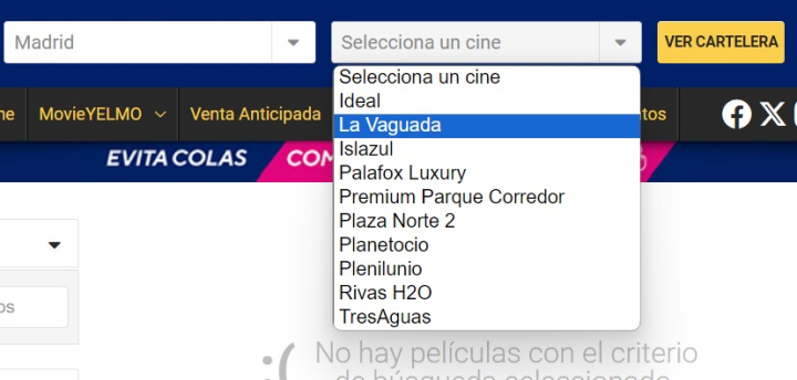 Captura de la página web de Cine Yelmo, con la opción 'La Vaguada'.