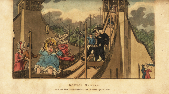 Turistas británicos disfrutando de 'Les Montagnes Russes' en el París de 1820. En el gravado puede verse al doctor Syntax con su esposa, en una ilustración recogida en la obra 'Tour in Search of the Grotesque', W. Wright (London, 1820).