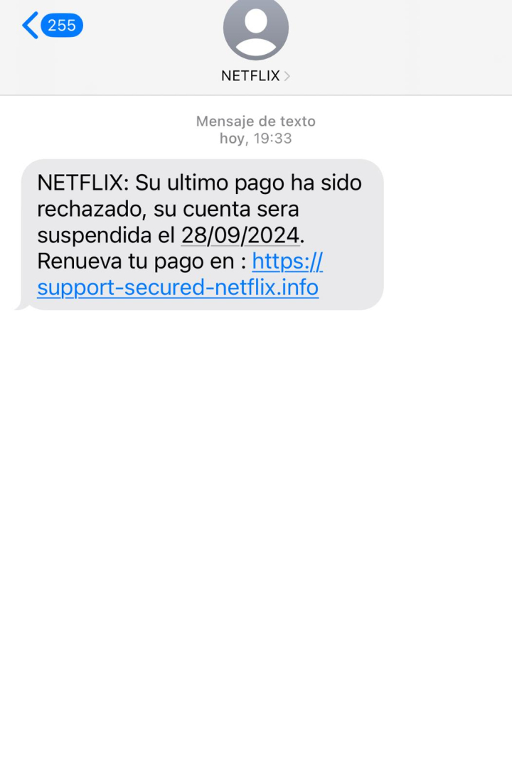 SMS fraudulento haciéndose pasar por Netflix.