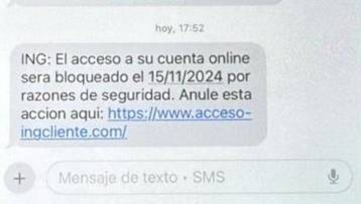 Mensaje de SMS de una presunta estafa de ING.