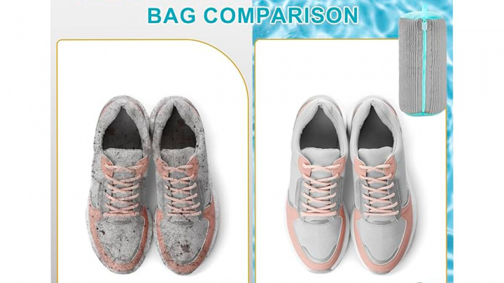 Bolsa para lavar zapatillas en la lavadora sobre fondo blanco