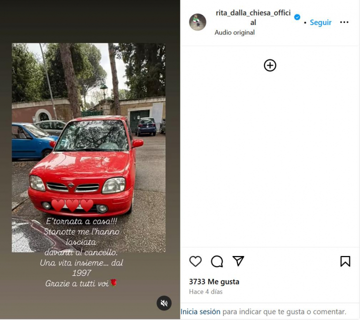 Captura de la publicación en redes sociales de la presentadora italiana Rita Dalla Chiese.