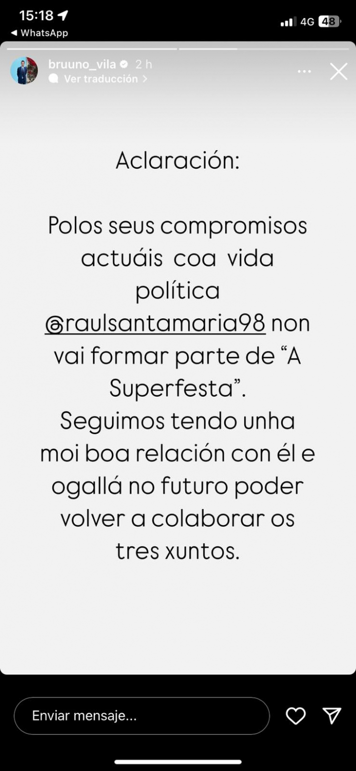 Captura de la 'storie' en la que Bruno Vila asegura que Raúl Santamaría, también de Mozos de Arousa pero diputado del PP, no participará en el mismo programa de la TVG donde sí estarán sus compañeros.