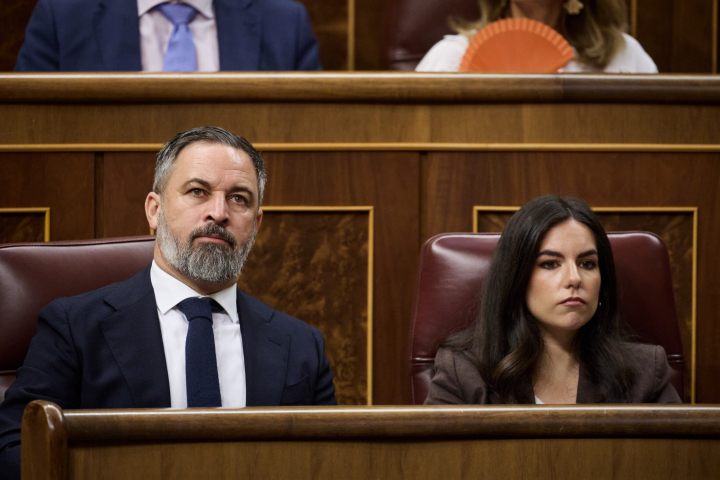 El líder de Vox, Santiago Abascal, y la portavoz parlamentaria en el Congreso, Pepa Millán; en una imagen de archivo en el Hemiciclo.