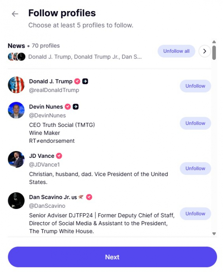 Usuario recomendados nada más registrarse en Truth Social.