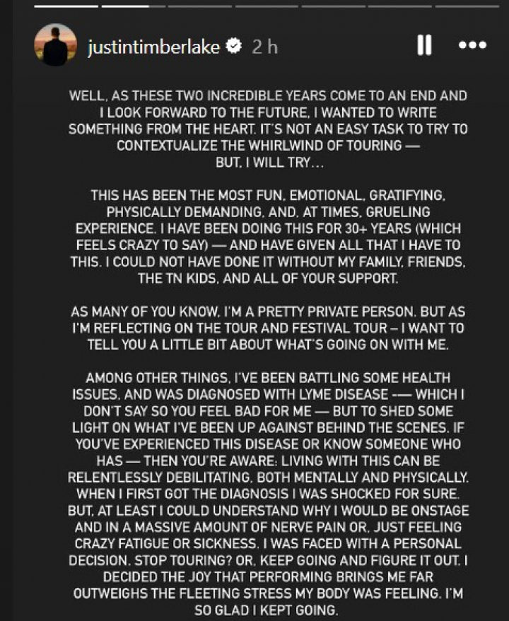 Mensaje de Justin Timberlake anunciando su enfermedad