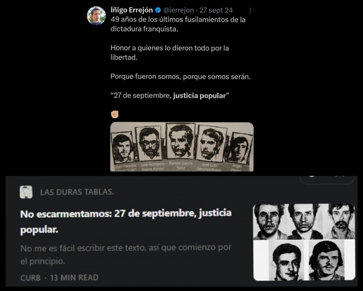 Íñigo Errejón y Curb hacen la misma referencia a los últimos fusilamientos de la dictadura franquista.