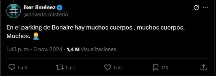 Post de Iker Jiménez señalando los muertos inexistentes del parking de Bonaire.