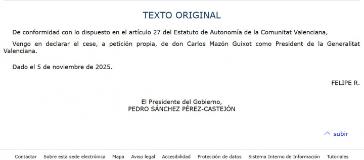 El BOE, con el cese de Carlos Mazón