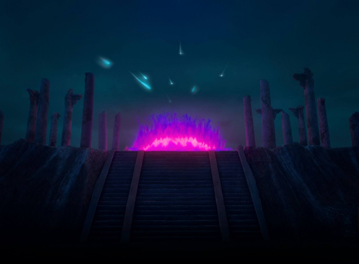 Escenario mágico inspirado en Las guerreras k-pop con un portal violeta y columnas en ruinas.