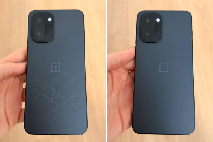 A la izquierda, las marcas en el OnePlus 15R. A la derecha, justo después, tras haber pasado la mano por encima.