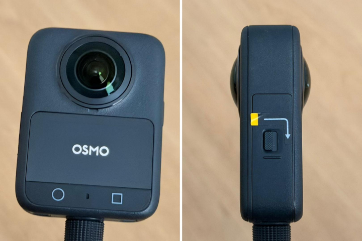 La parte trasera de la Osmo 360, con la pantalla y dos botones; a la derecha, el botón de seguridad para cambiar fácilmente la batería.