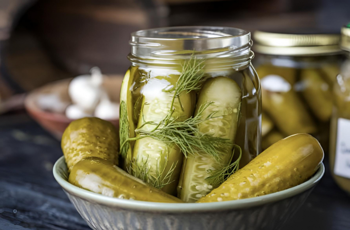 alt="alt="Un bote lleno de pepinillos y algunos en un plato""