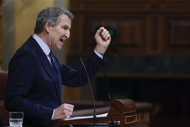 MADRID, 11/02/2026.- El presidente del PP, Alberto Núñez Feijóo, interviene desde la tribuna de oradores tras la intervención del presidente del Gobierno, Pedro Sánchez, que ha comparecido este miércoles ante el pleno del Congreso para hablar sobre la crisis ferroviaria tras los accidentes de Adamuz (Córdoba) y Barcelona, y sobre la agenda internacional. EFE/Javier Lizón