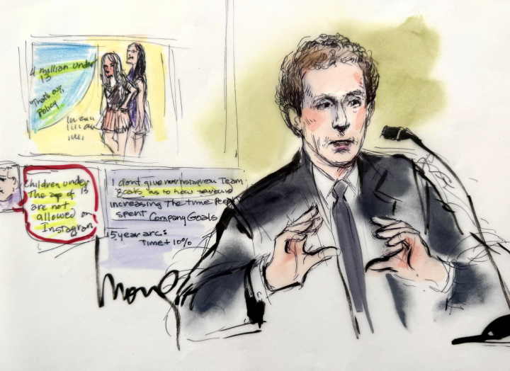 Retrato de Mark Zuckerberg, durante su testimonio en el histórico juicio por adicción a las redes sociales, celebrado en Los Ángeles.
