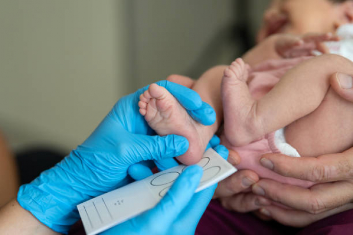 alt="alt="Close-up photo of a female doctor measuring the foot of a newborn baby in the hospital's examination room""