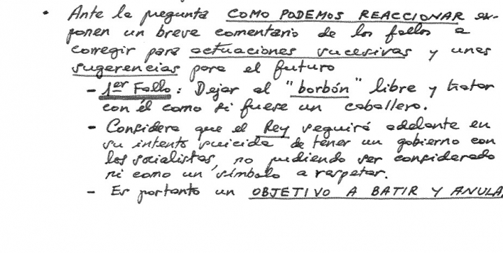 Extracto del documento donde implicados en el 23-F hablan de "batir y anular" al rey Juan Carlos I