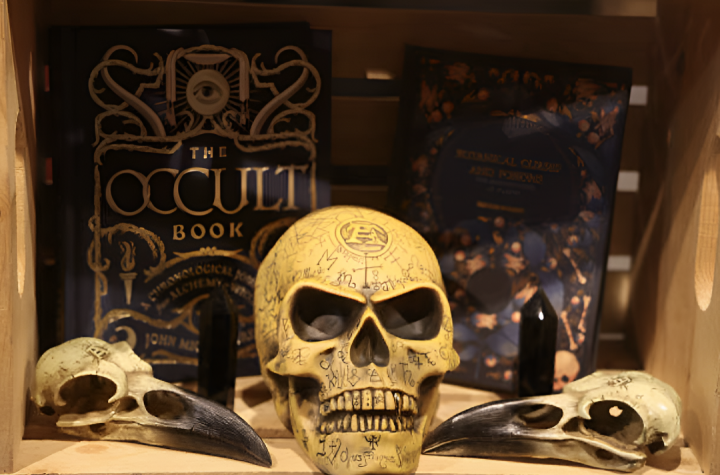 alt="alt="Unas calaveras frente a libros de ocultismo""