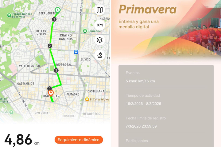 Registro de actividad en la app Huawei Health y propuestas de retos por parte de la propia app.