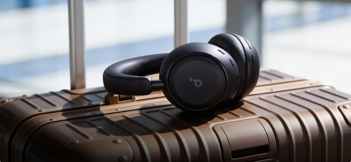 Los soundcore Space 2, sobre una maleta de viaje.