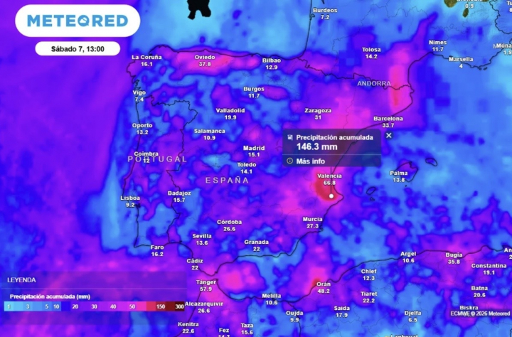 Mapa de las precipitaciones acumuladas esta semana en España.