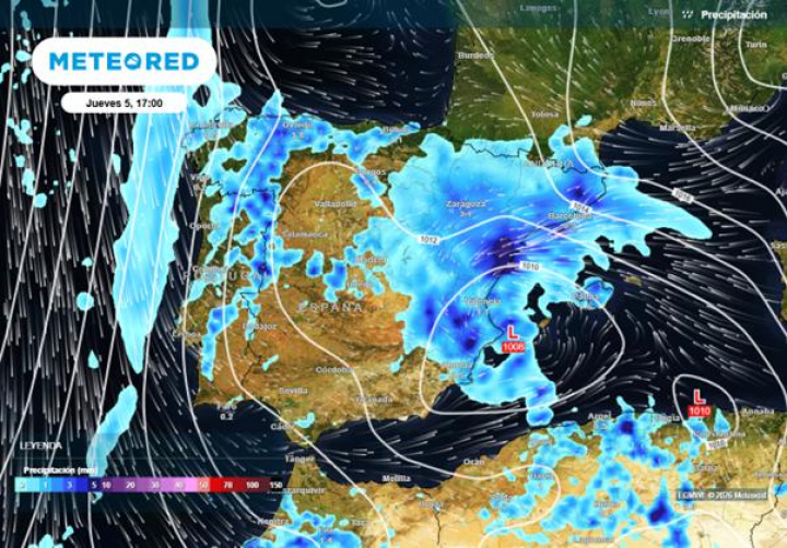 Mapa de las precipitaciones del jueves en España: serán más generales por la borrasca Regina.