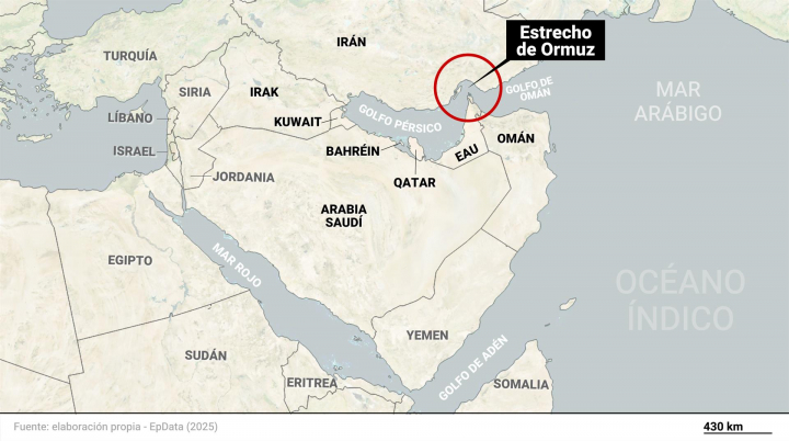 Mapa con la zona de conflicto marítimo en el Estrecho de Ormuz, que acapara el 20% del flujo del petróleo y del gas natural.